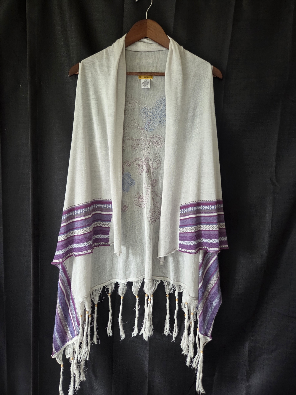 Embroidered Fringe Vest Shrug M-L Fairycore Boho Ramie Rayon Kimono Festival